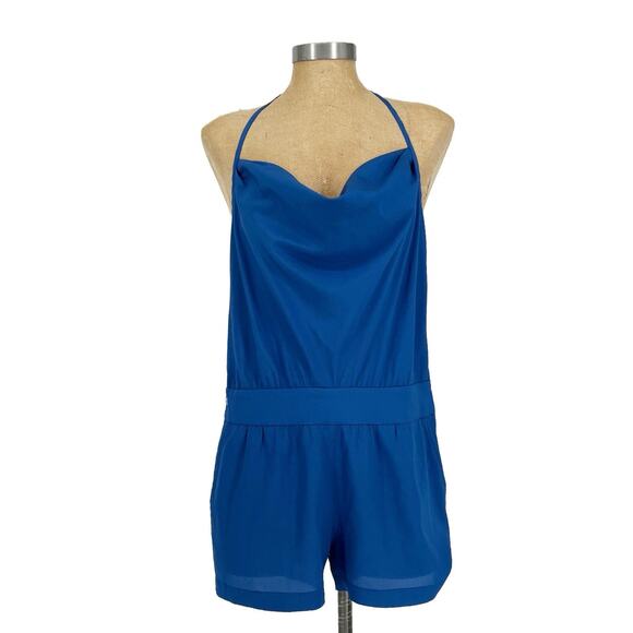 Bebe Borderline Cowl Neck Halter Romper size Small Cobalt Blue - Picture 2 of 11